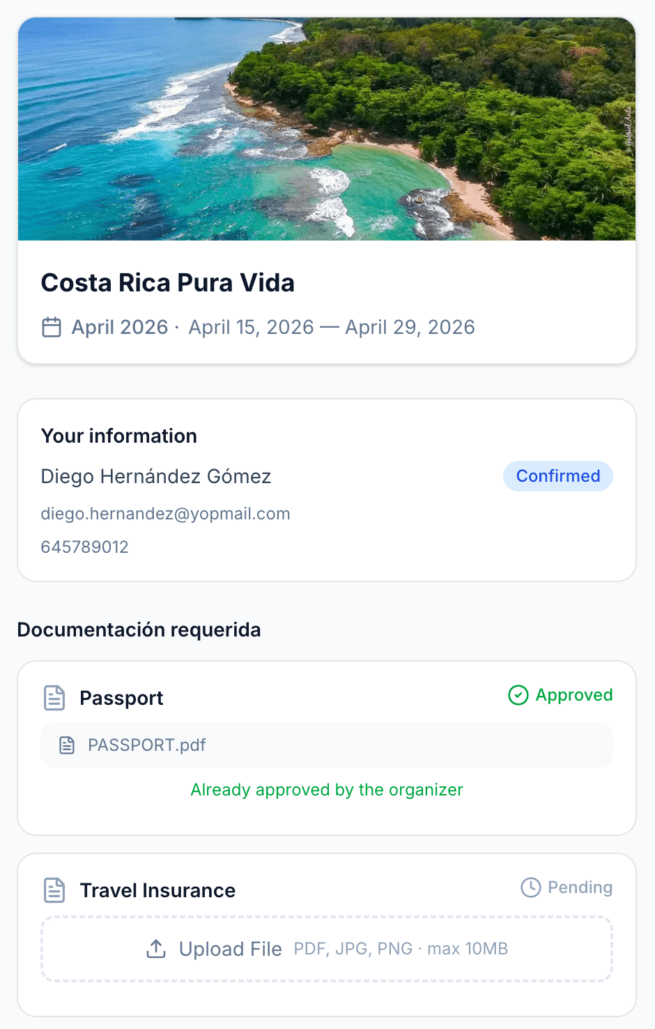 Travifo participant document portal on mobile showing approved passport and pending travel insurance