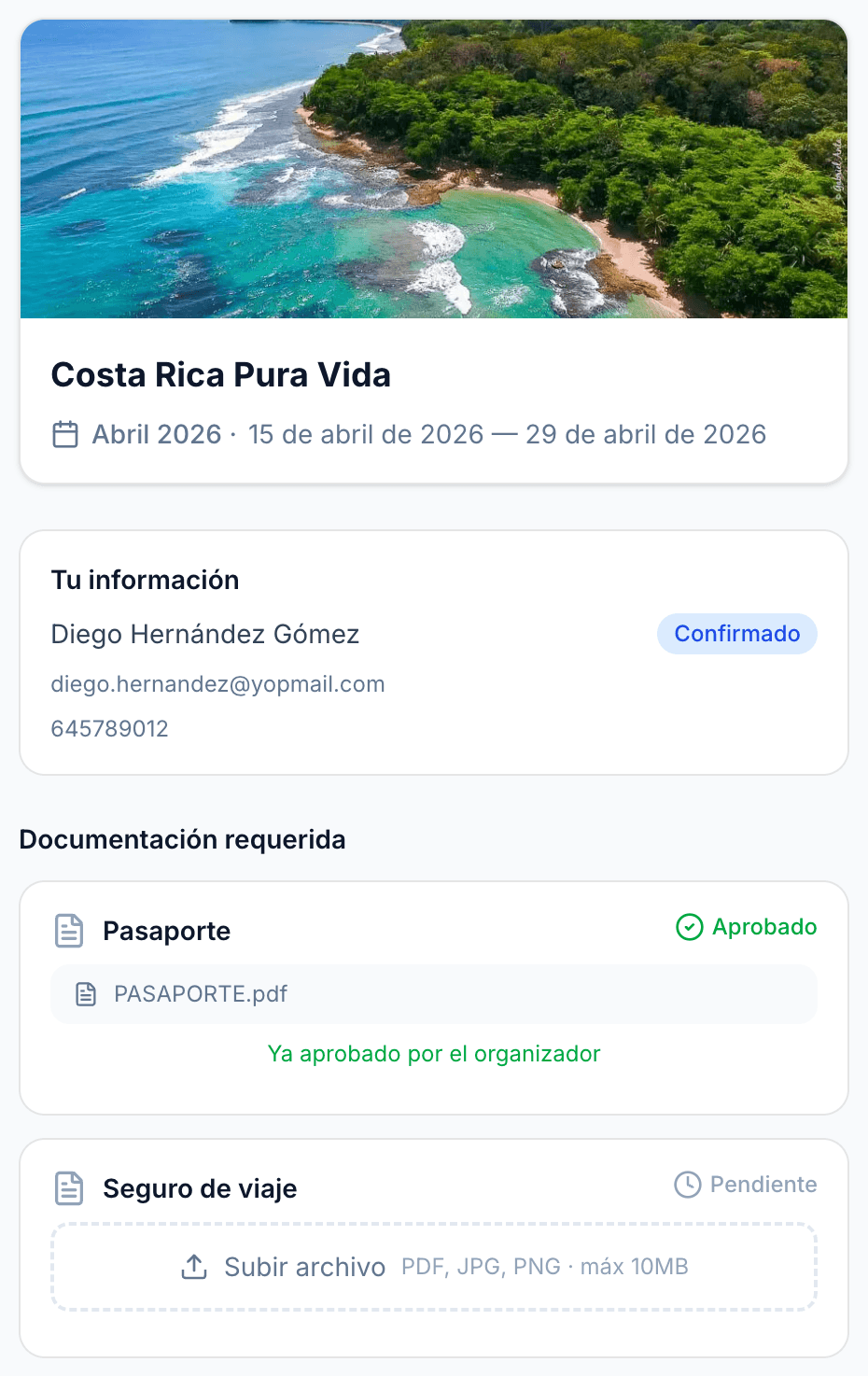 Portal de documentos del participante en Travifo visto desde móvil con pasaporte aprobado y seguro de viaje pendiente