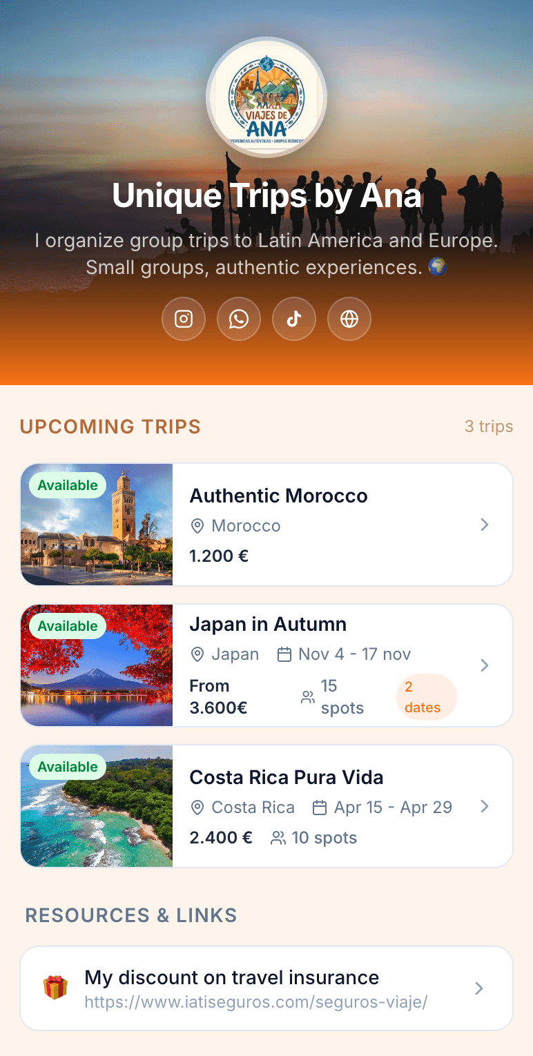 Public page of a travel organizer on Travifo showing profile, available trips and resource links