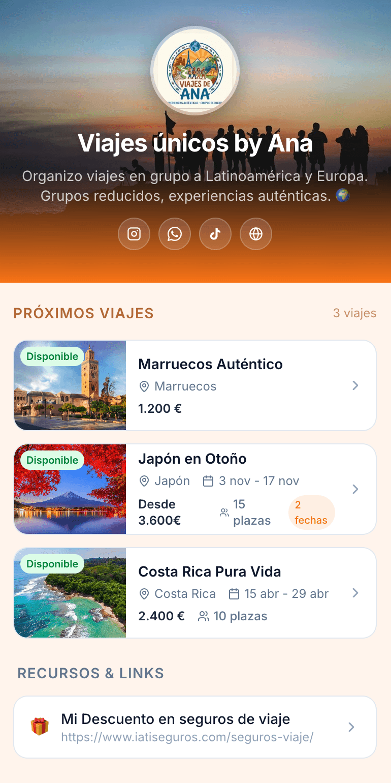 Página pública de un organizador de viajes en Travifo mostrando perfil, viajes disponibles y links de recursos