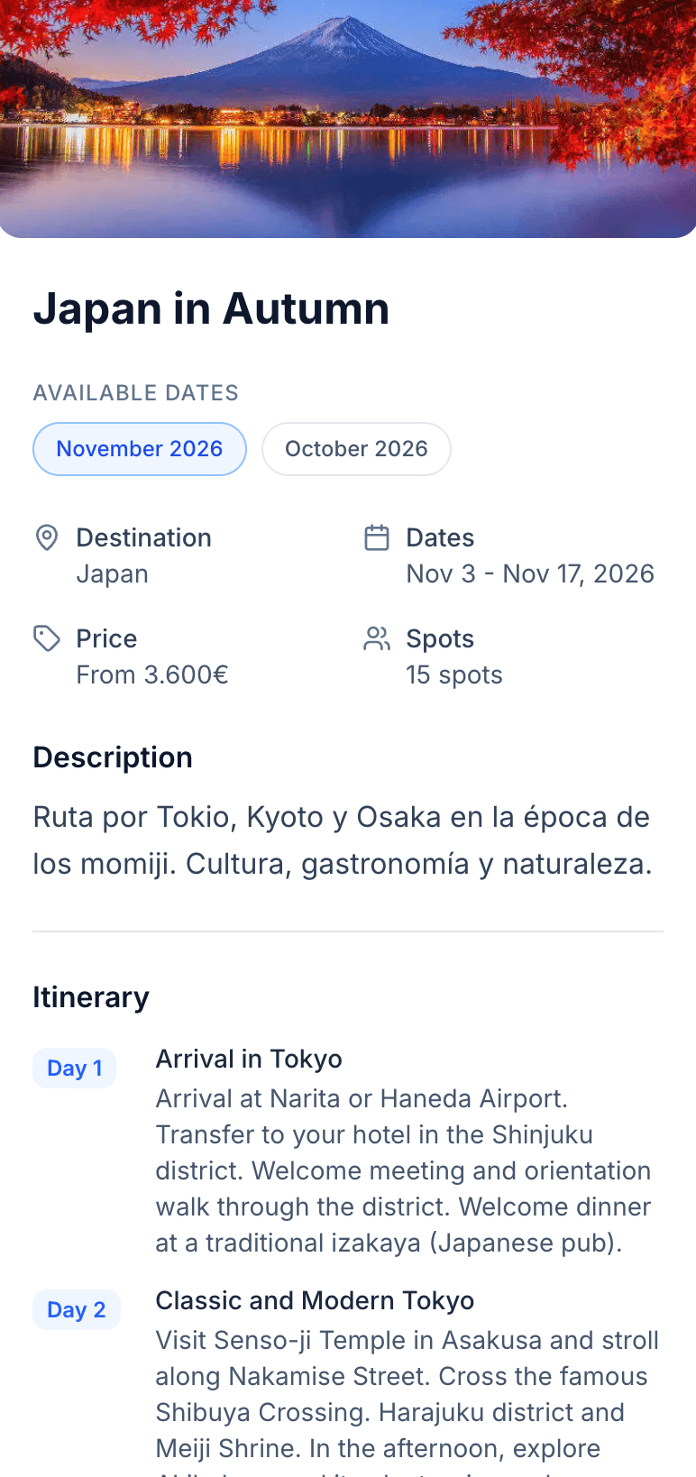 Trip detail page for Japan in Travifo showing photo, available dates, description and day-by-day itinerary