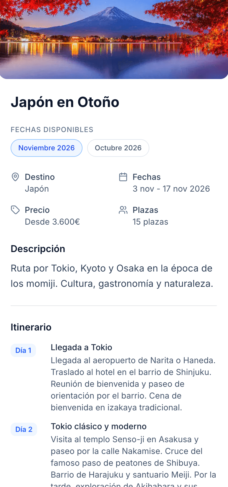 Página de detalle de un viaje a Japón en Travifo con foto, fechas disponibles, descripción e itinerario día a día