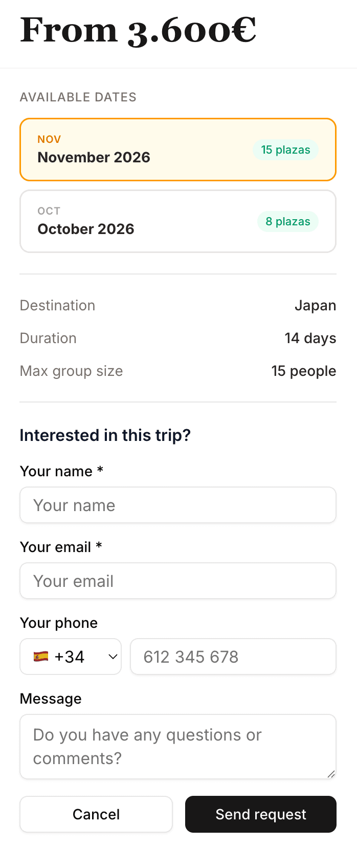 Trip interest form in Travifo with date selection, available spots and contact fields