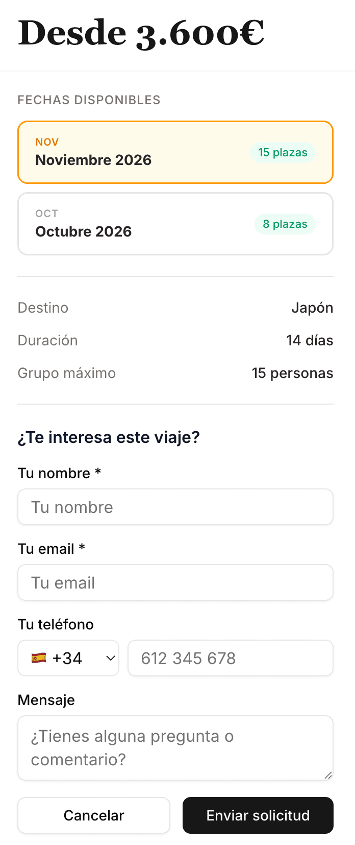 Formulario de interés de un viaje en Travifo con selección de fecha, plazas disponibles y campos de contacto